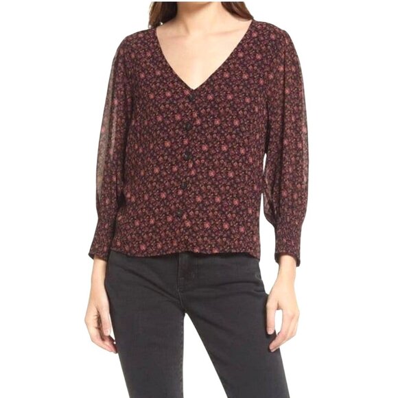 Madewell Orchard Floral Georgette Smocked-Cuff Button-Up Blouse Button-Front 12 - Picture 1 of 13